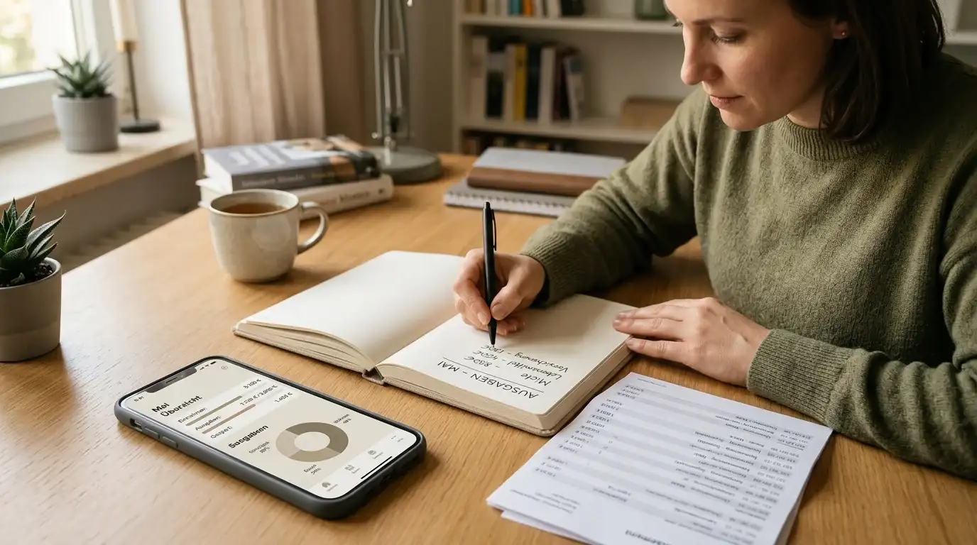 Person schreibt in Notizbuch mit Smartphone und Monatsabrechnung auf Schreibtisch