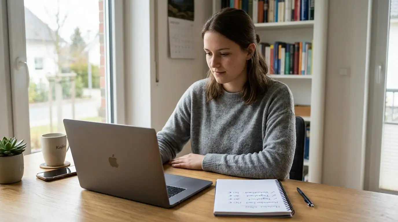 Person am Laptop mit geschlossenem Bildschirm und Notizblock mit Limits