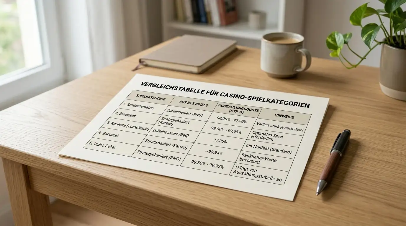 Vergleichstabelle verschiedener Casino-Spielkategorien mit RTP-Werten auf Dokumentenpapier