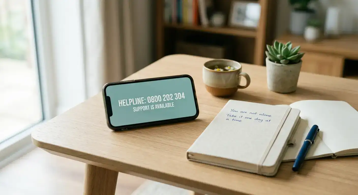 Telefon zeigt BuPAS Helpline Nummer neben beruhigendem N