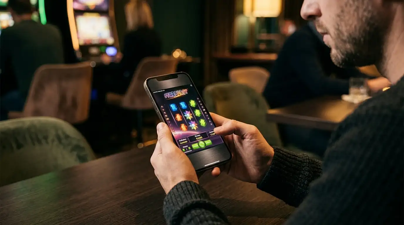 Person spielt Starburst-Slot auf Smartphone im Querformat mit leuchtenden Edelstein-Symbolen auf dem Display