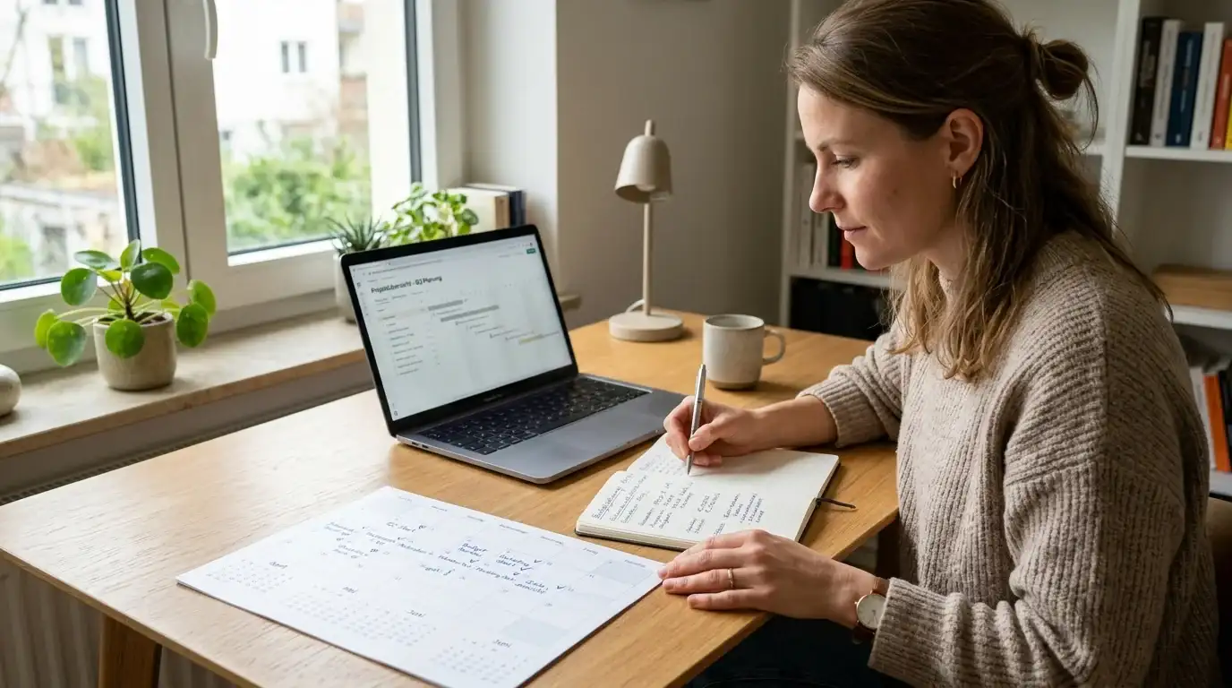Person plant Bankroll-Management über 90 Tage mit Kalender und Notizen
