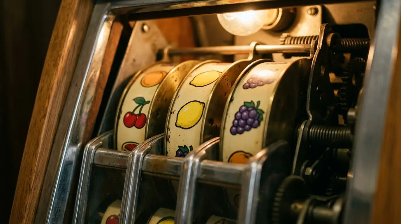 Detailaufnahme klassischer Spielautomaten-Walzen mit Fruchtsymbolen