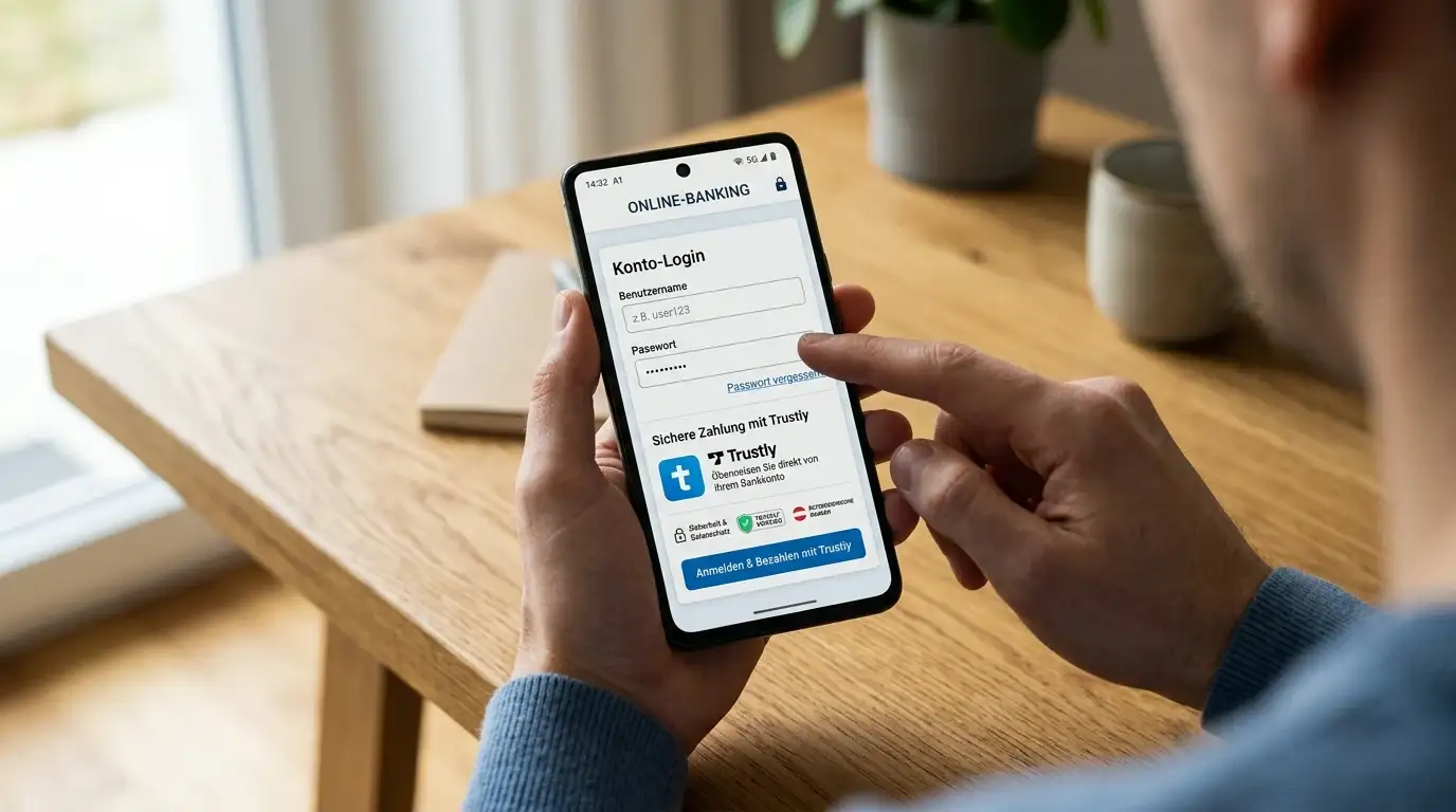 Smartphone mit Trustly-Zahlungsbildschirm und österreichischer Bank-Login