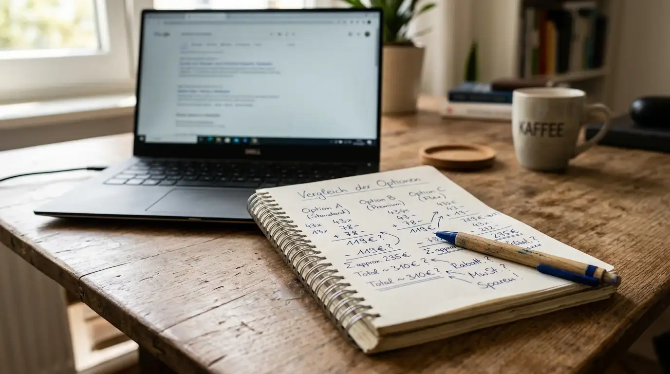 Notizblock mit Stift und Bonusberechnung auf Schreibtisch