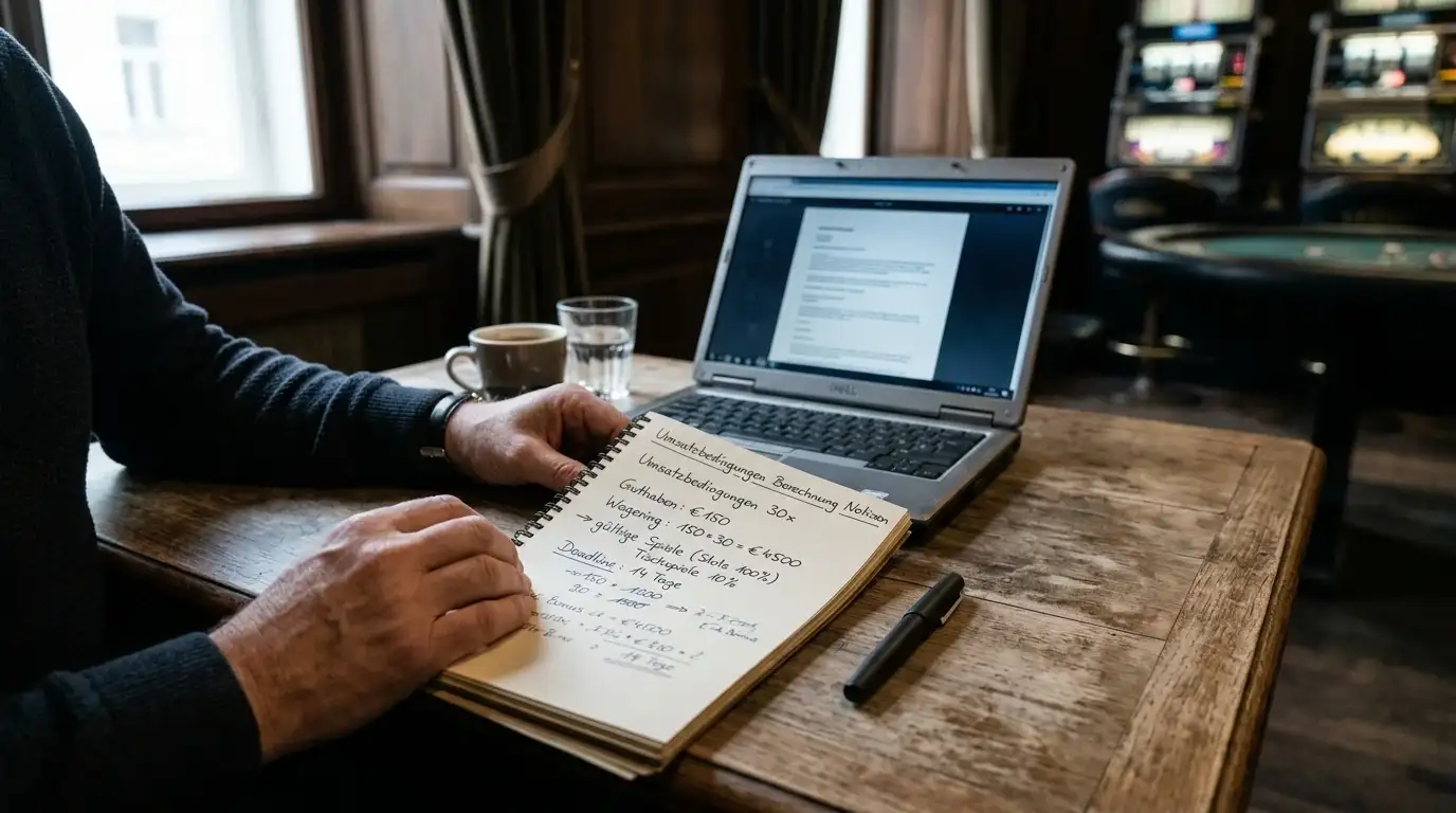 Notizblock mit handschriftlichen Berechnungen zu Umsatzbedingungen