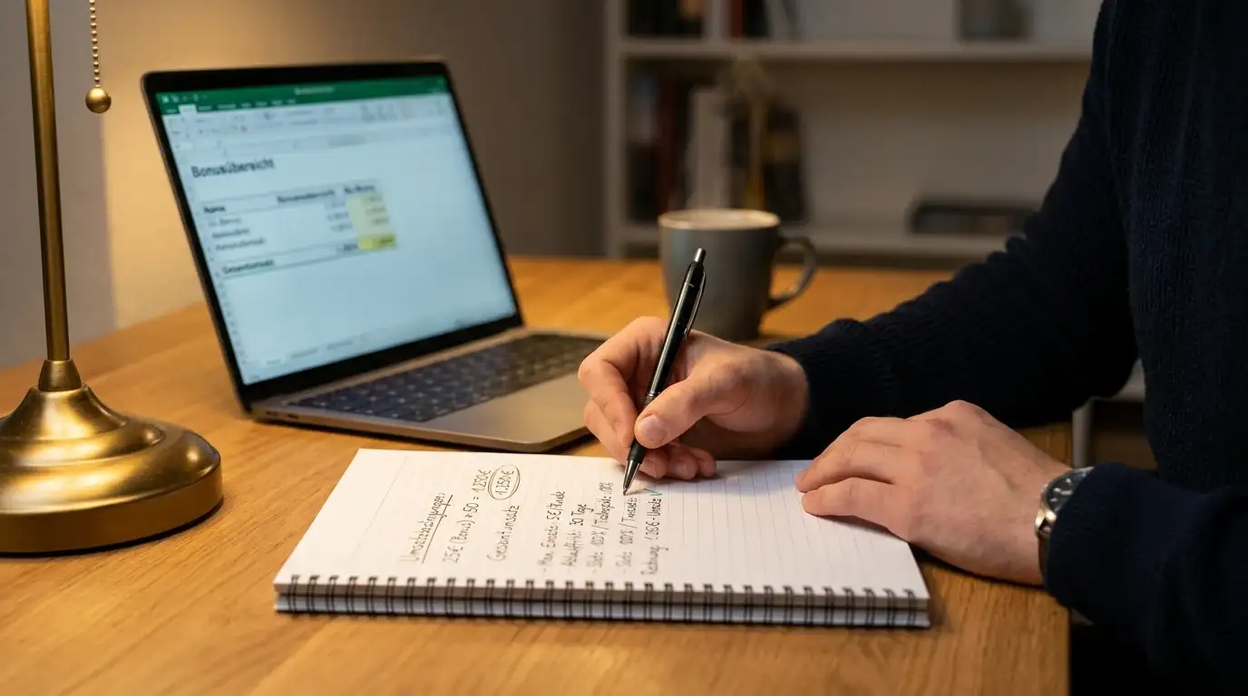 Person am Schreibtisch mit Notizblock voller Umsatzberechnungen und handschriftlichen Formeln, Stift in der Hand