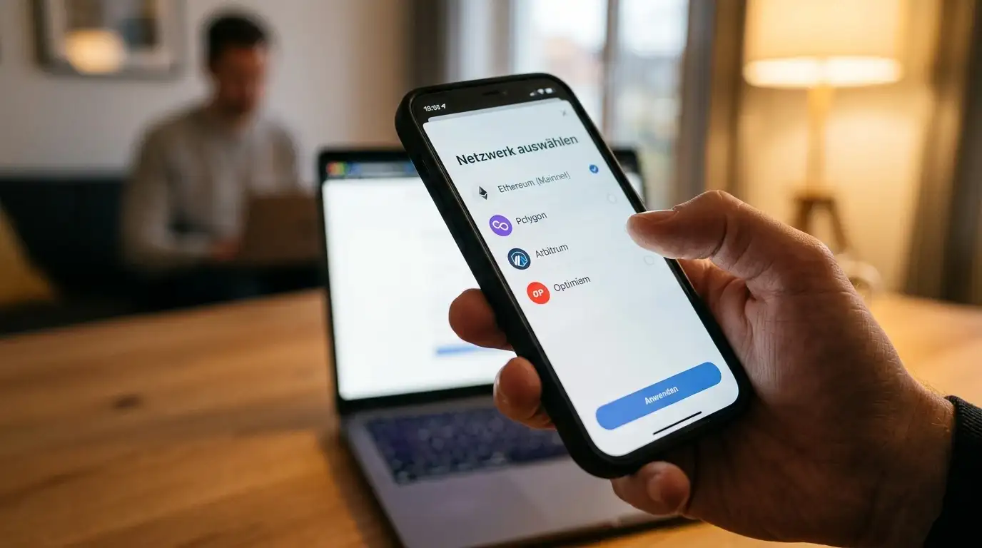 Krypto-Wallet auf dem Smartphone mit Auswahl des USDT-Netzwerks vor einer Überweisung
