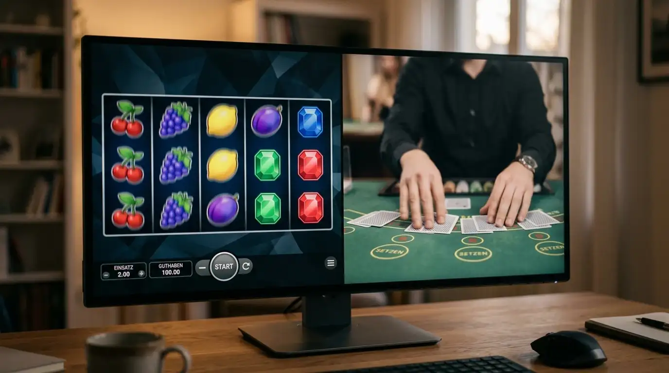 Bildschirm mit Spielautomaten und einem Live-Tisch in einem Krypto-Casino