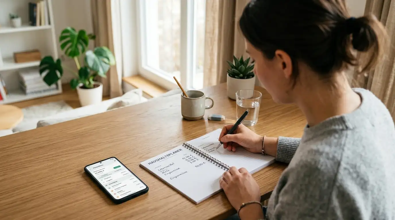 Person am Schreibtisch mit Budget-Planer und Smartphone