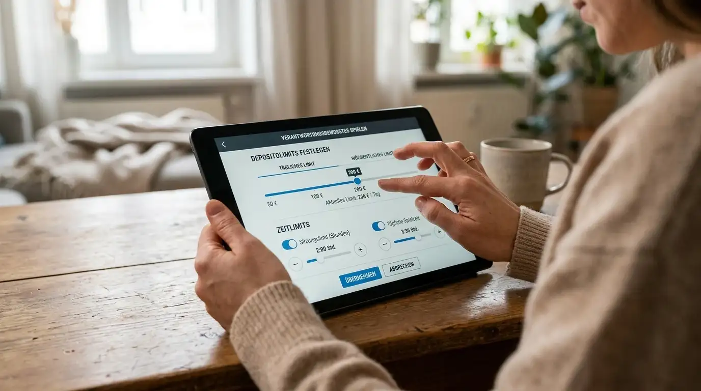 Person justiert Einzahlungslimits und Zeitlimits auf Tablet mit verantwortungsbewusster Spieloberfläche