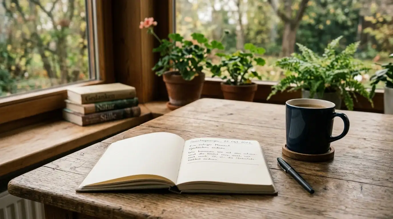 Ruhige Szene mit Notizbuch und Kaffeetasse als Symbol für kontrolliertes Spiel