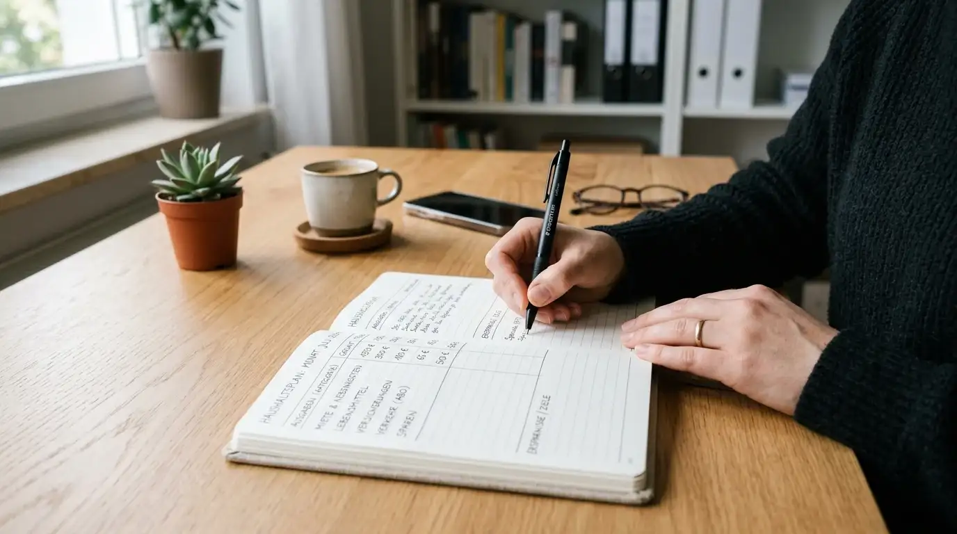 Person mit Notizbuch und Budget-Plan am Schreibtisch