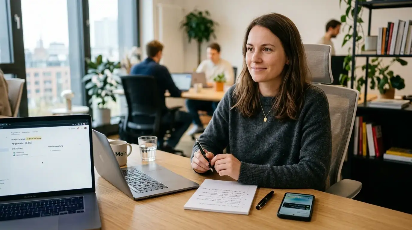 Person mit Smartphone vor Laptop, Notizen auf dem Tisch