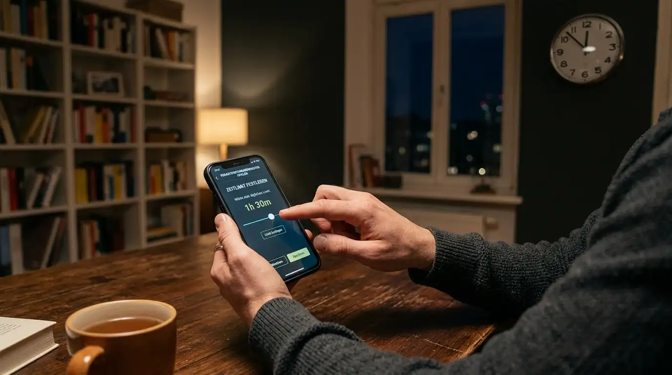 Hände setzen digitales Limit auf Smartphone-App am Abend