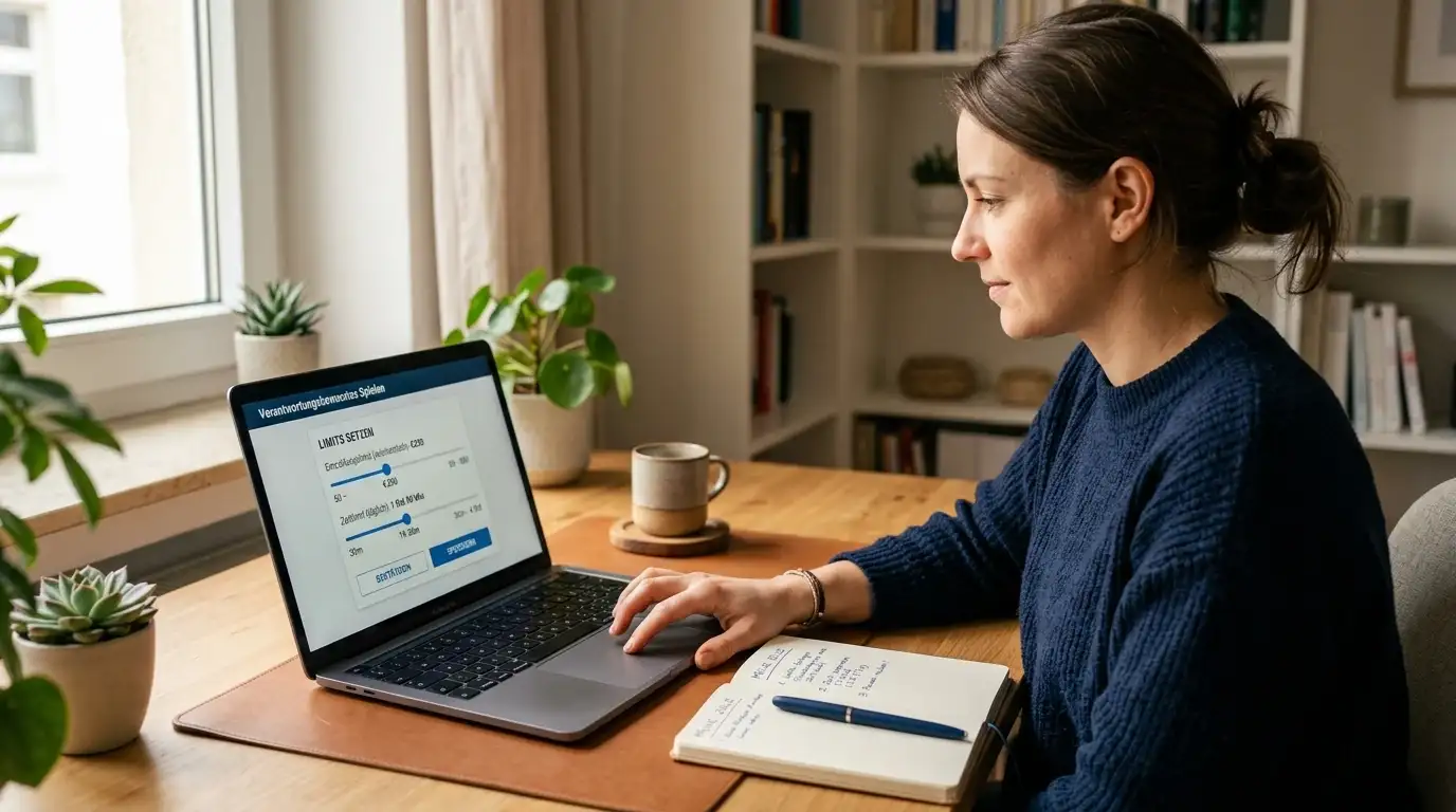 Person setzt Limits auf Laptop-Interface mit Schiebereglern für Einzahlungs- und Zeitlimits, Notizbuch daneben