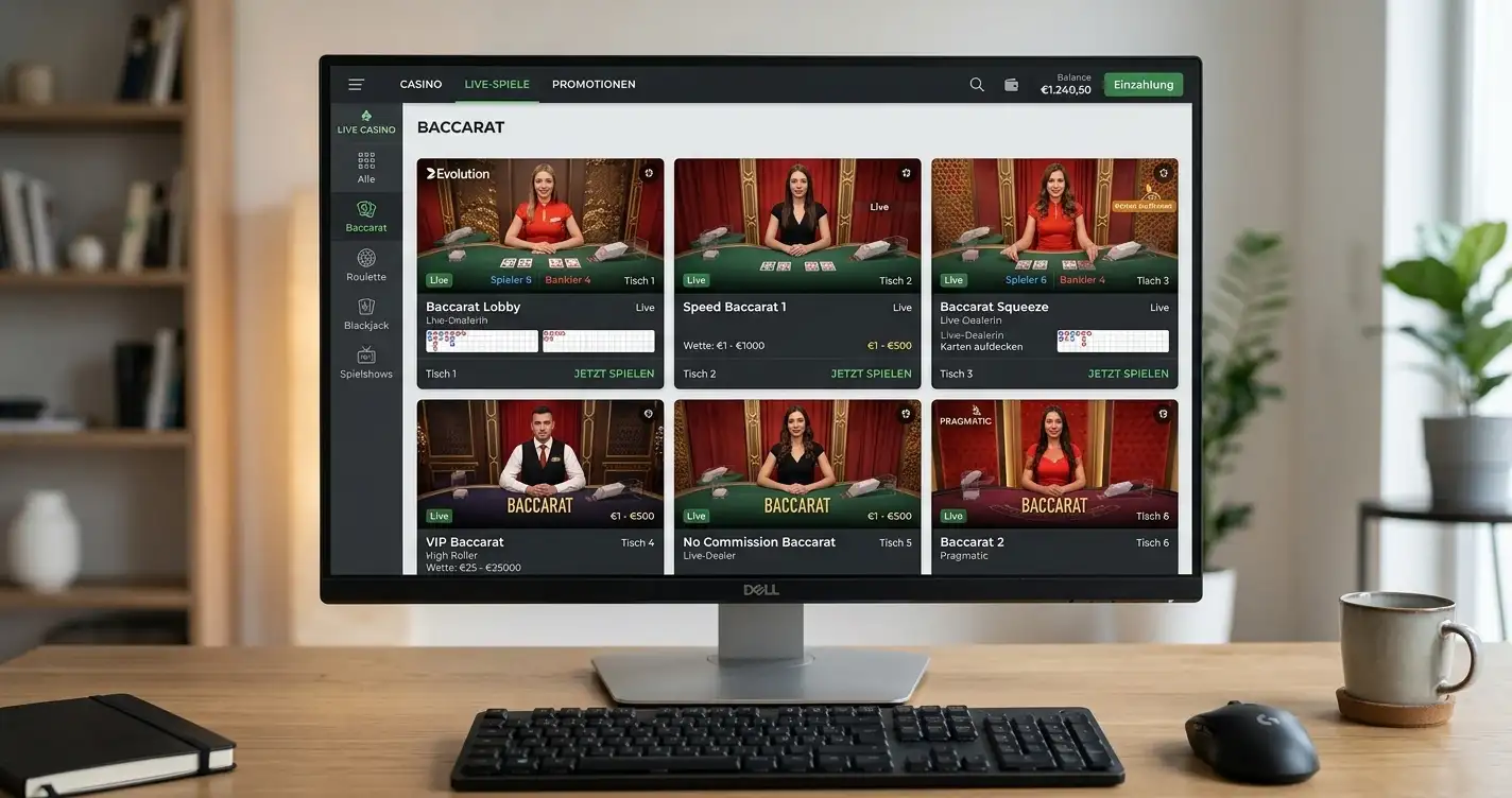 Online-Casino-Lobby mit Evolution- und Pragmatic-Live-Tischen