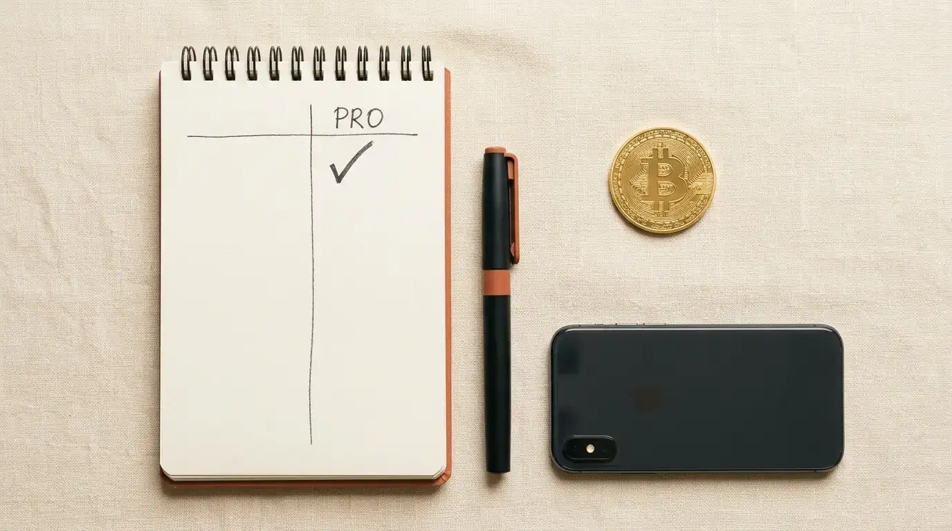 Flat-lay auf cremefarbenem Hintergrund: Notizbuch mit Häkchen, Stift, Bitcoin-Coin und Smartphone — methodischer V