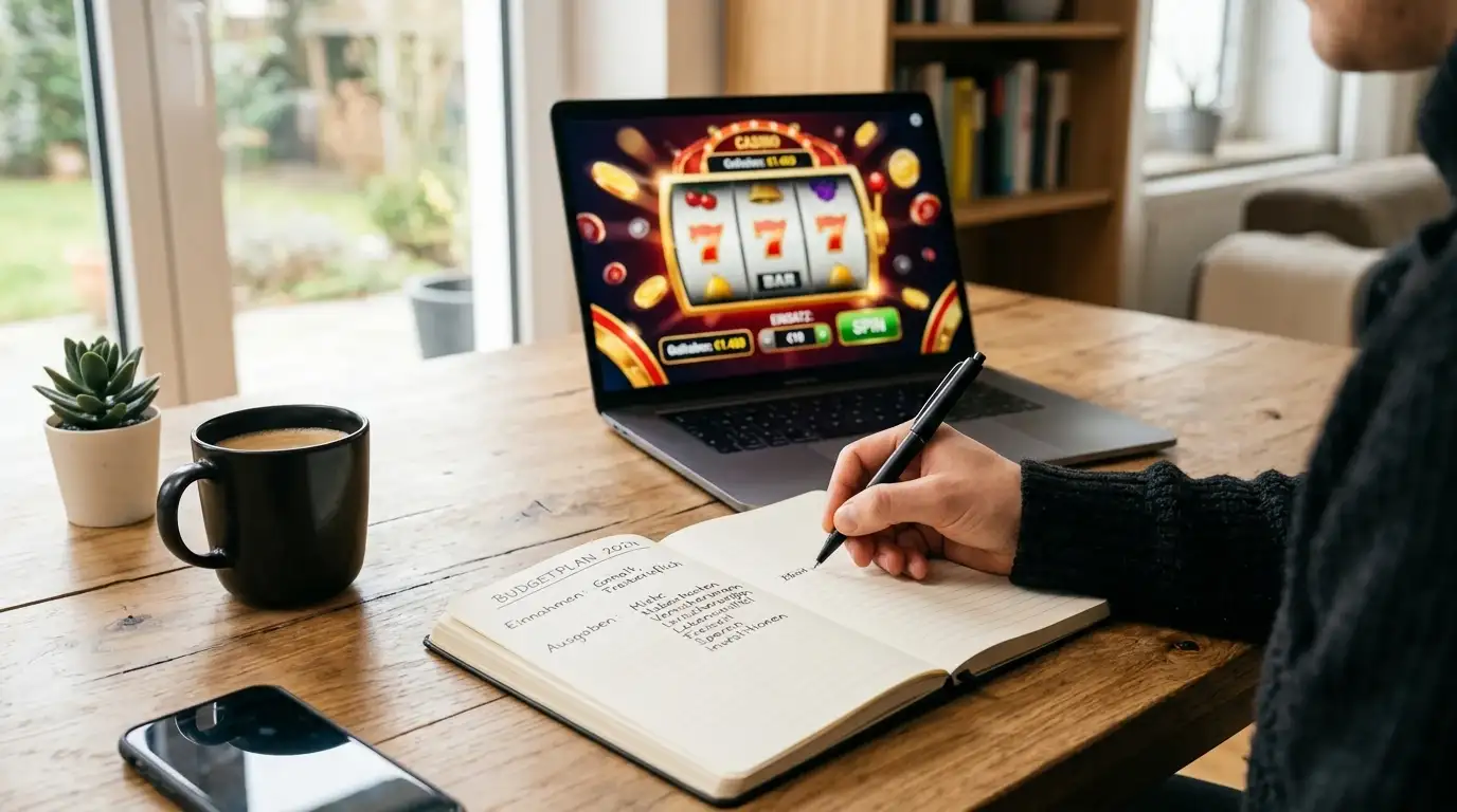 Taschenrechner und Notizbuch mit Budgetplan neben Laptop mit Casino-Interface