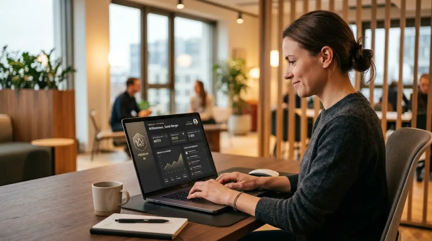 Person am Laptop mit VIP-Badge auf dem Bildschirm