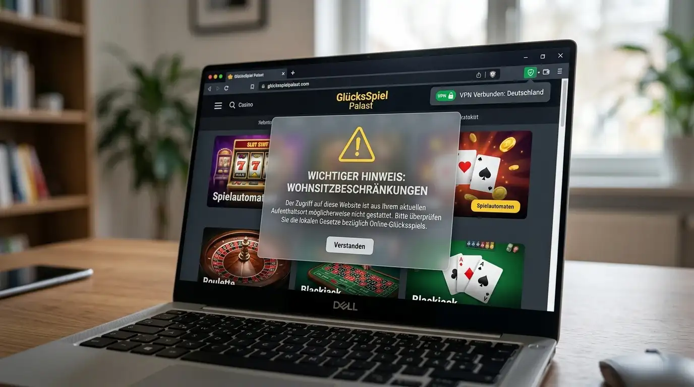 Laptop mit VPN-Verbindung-Indikator und Casino-Interface, Warnsymbol im Vordergrund