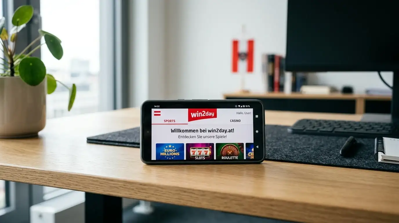 Win2day Logo auf Smartphone-Bildschirm mit österreichischer Flagge im Hintergrund