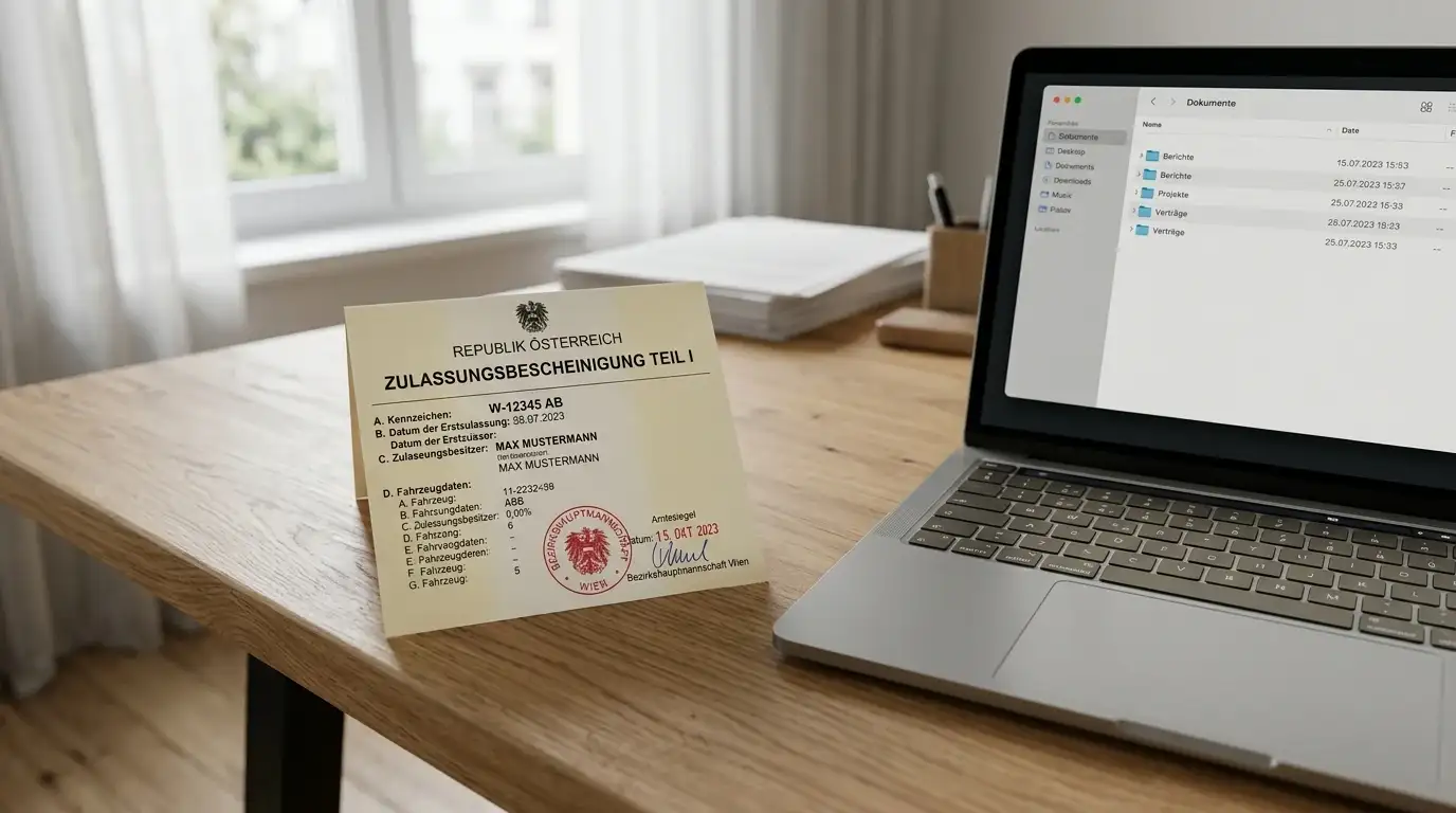 Österreichisches Lizenzdokument mit offiziellem Stempel auf Schreibtisch neben neutralem Laptop-Interface