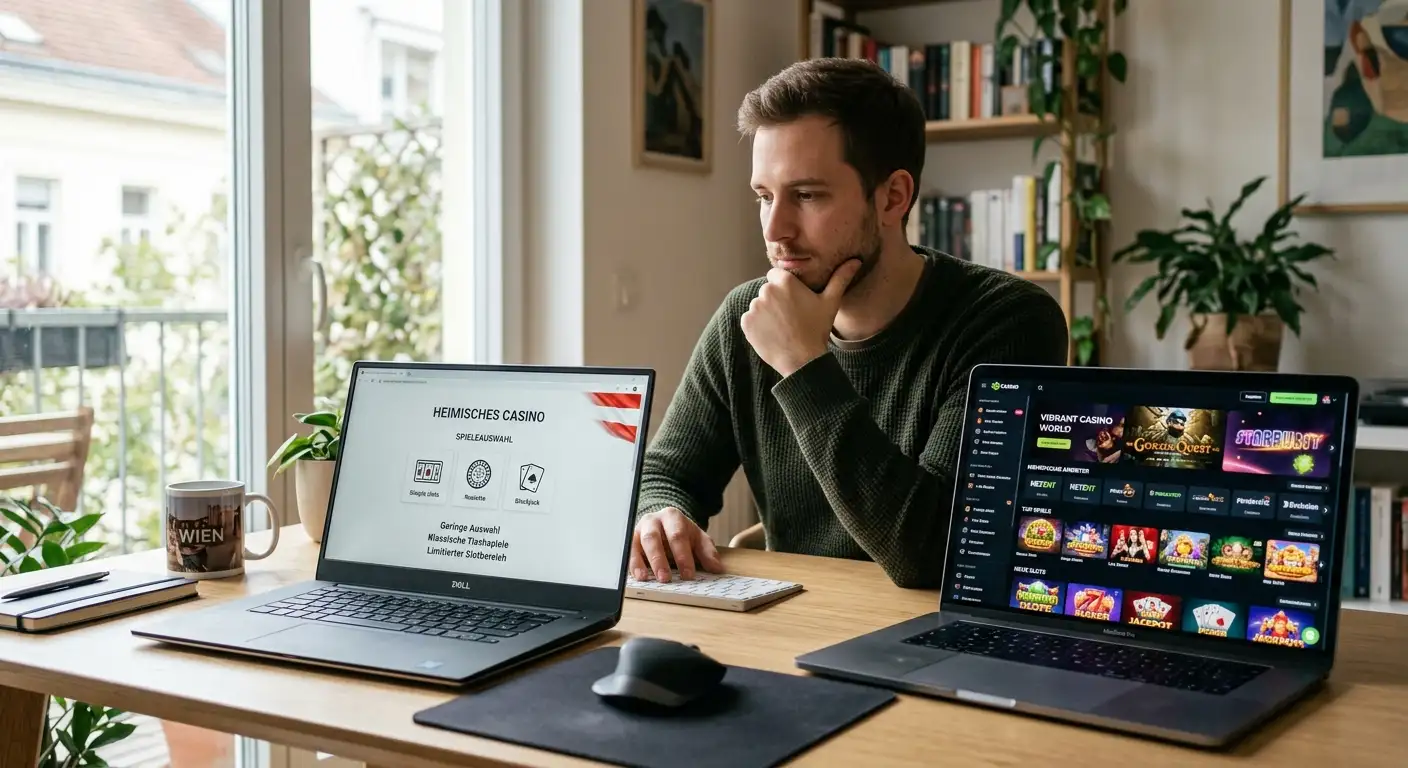 Spieler sitzt zwischen zwei Bildschirmen mit win2day und internationalem Casino-Interface