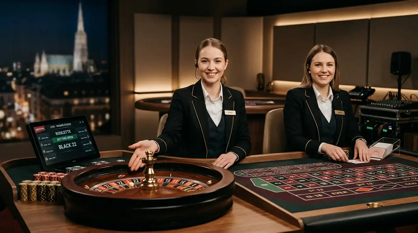 win2day.at Wiener Live-Studio: österreichische Croupiers am Blackjack-Tisch, Crazy Prater Rad im Hintergrund