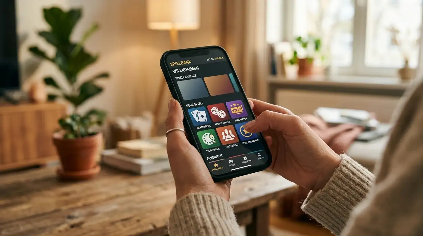 Hand hält ein Smartphone mit mobiler Casino-Oberfläche im Browser als Darstellung des mobilen Spiels