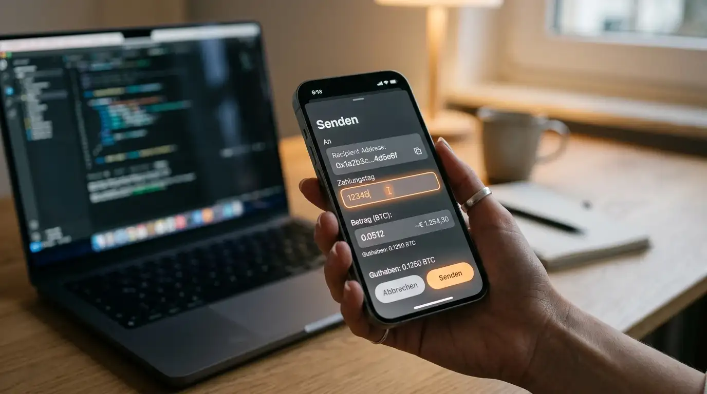 Smartphone mit geöffneter Krypto-Wallet und XRP-Überweisung als Darstellung einer Casino-Einzahlung