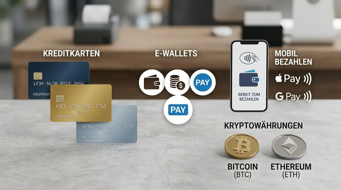 Zahlungskarten und E-Wallet-Symbole auf neutralem Hintergrund