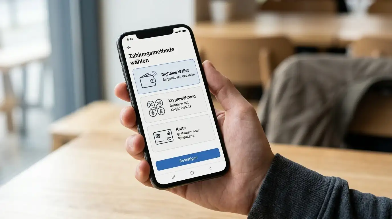 E-Wallet und Kryptowährung Symbole auf einem Smartphone-Bildschirm