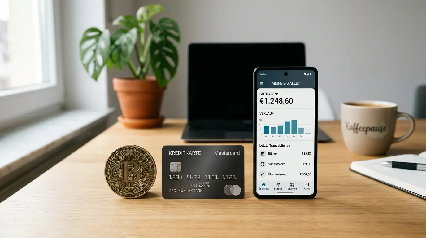 Kreditkarte, E-Wallet-Smartphone-App und Bitcoin-Symbol nebeneinander auf Schreibtisch