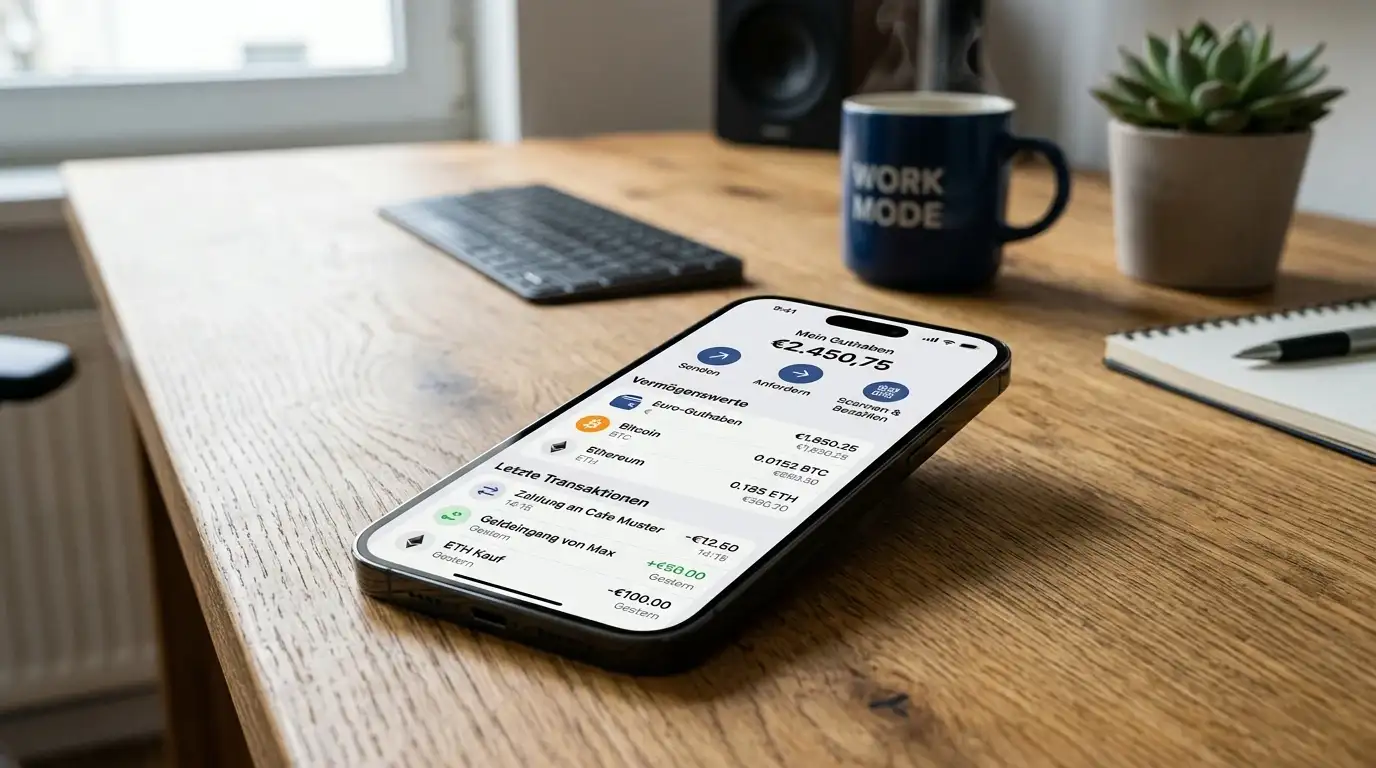 E-Wallet-Icons und Kryptowährungssymbole auf Smartphone-Bildschirm