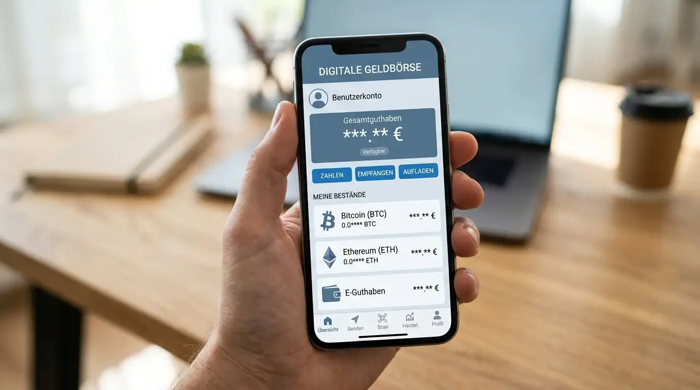 E-Wallet-Symbole und Kryptowährungen als Zahlungsoptionen auf Smartphone-Bildschirm