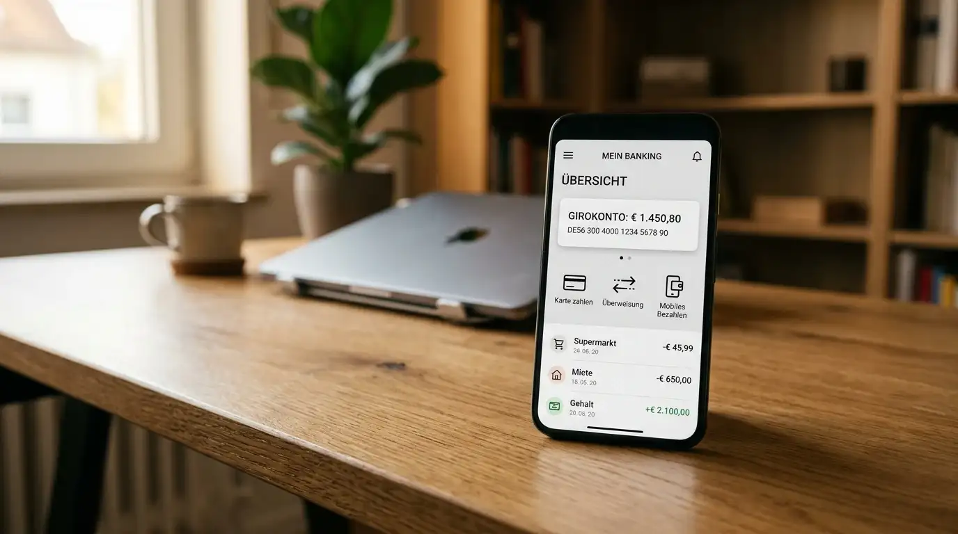 Smartphone mit Banking-App und mehreren Zahlungsoptionen auf dem Display