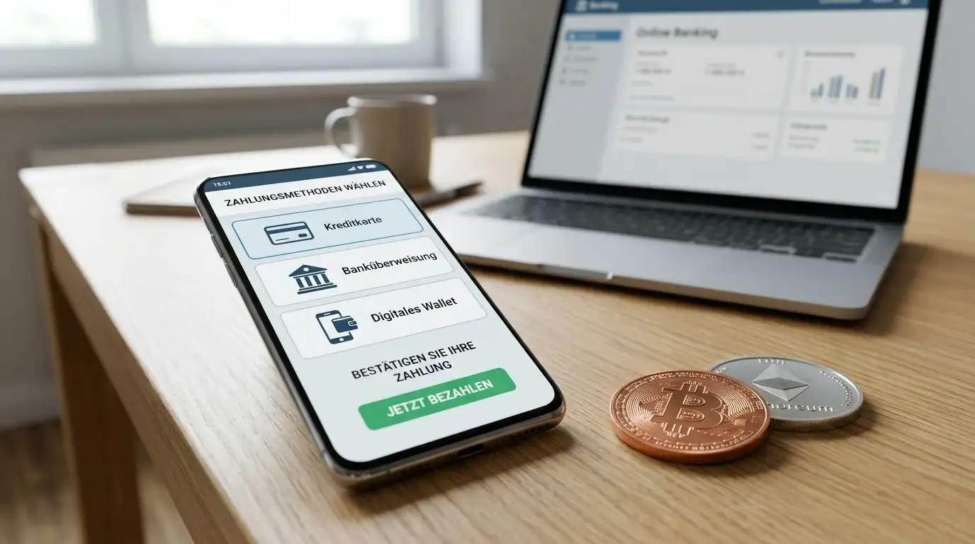 Smartphone mit Zahlungs-App und Kryptowährungsmünzen auf Schreibtisch