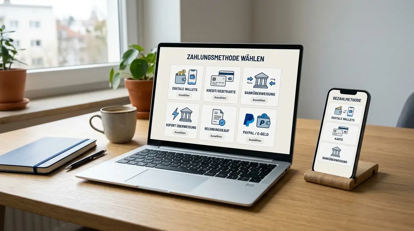 E-Wallet-Symbole und Kreditkarten auf Laptop neben Casino-Interface