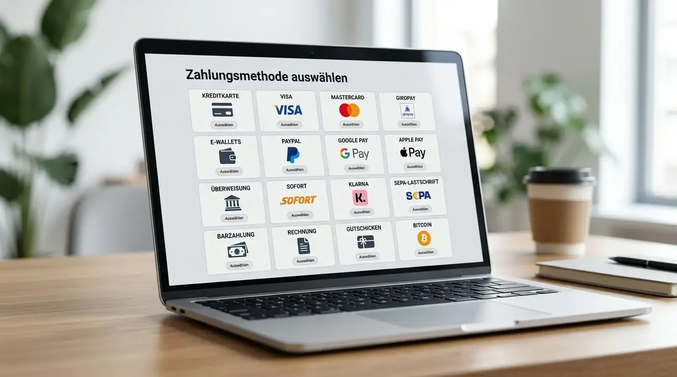 Übersicht verschiedener Zahlungsmethoden-Icons auf Bildschirm, PayPal und E-Wallet-Symbole prominent
