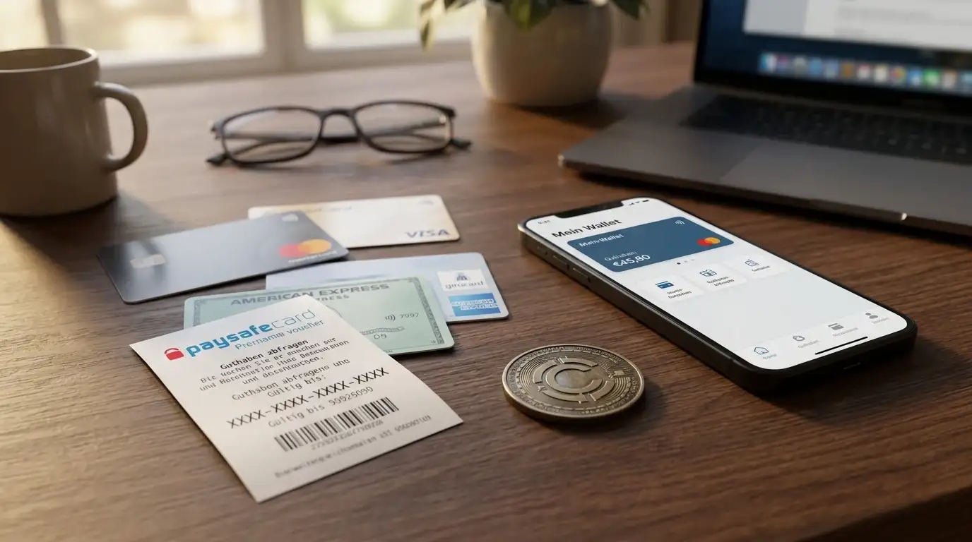Schreibtisch mit Paysafecard-Voucher, Smartphone mit E-Wallet-Interface und symbolischer Kryptowährungs-Münze