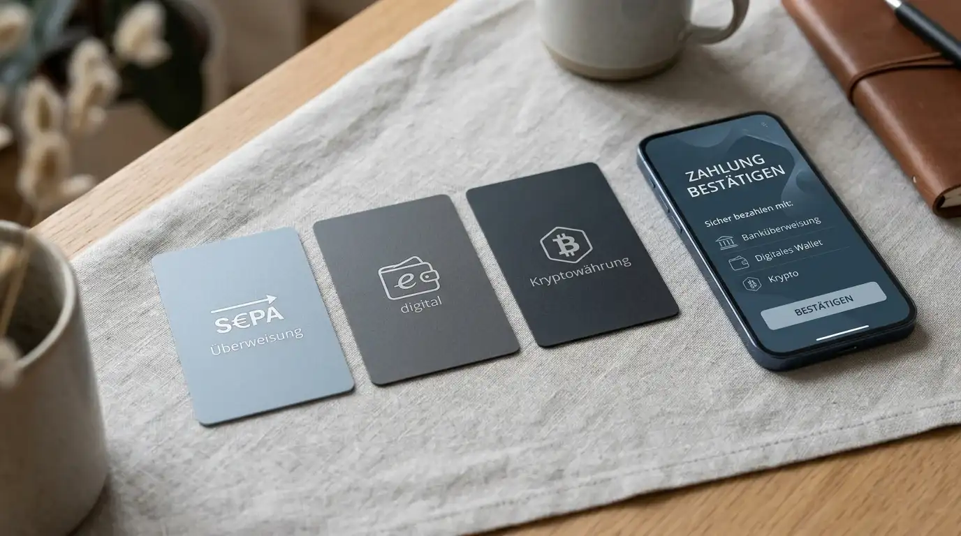 Neutrale Zahlungswege mit Bank, E-Wallet und Krypto-Symbolen