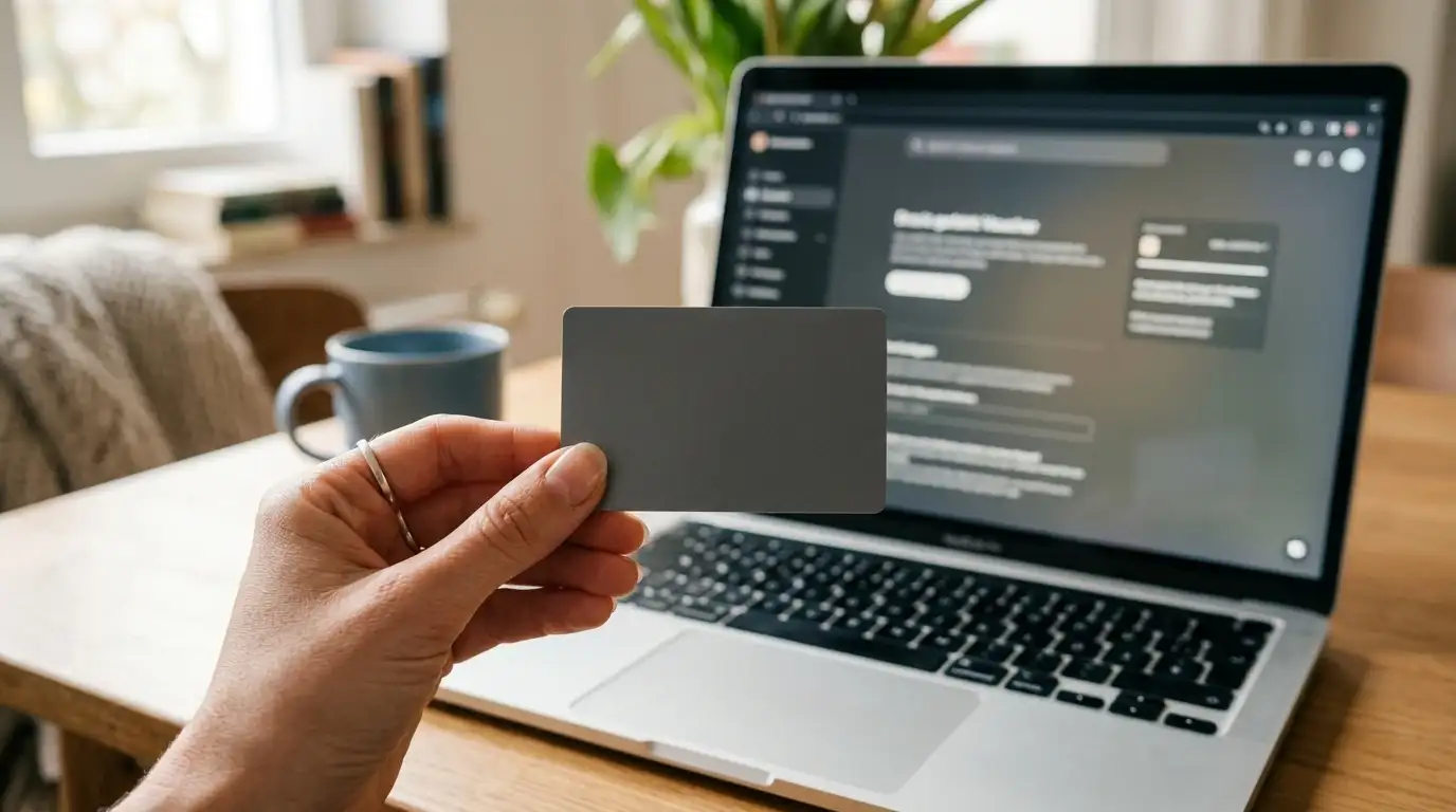 Hand hält eine Prepaid-Guthabenkarte vor einem Laptop für die Einzahlung von 10 Euro