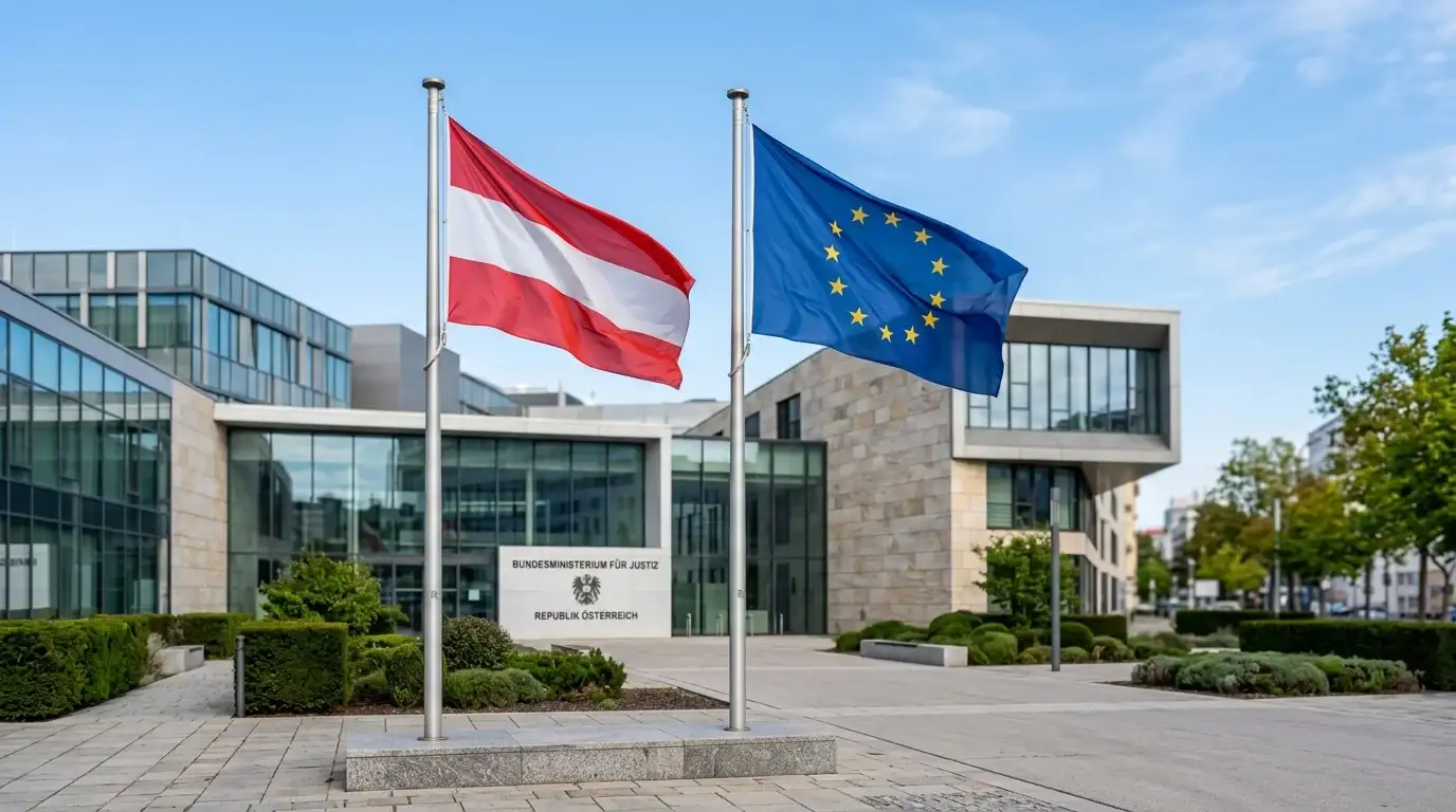 Österreichische und EU-Flaggen nebeneinander vor modernem Gebäude